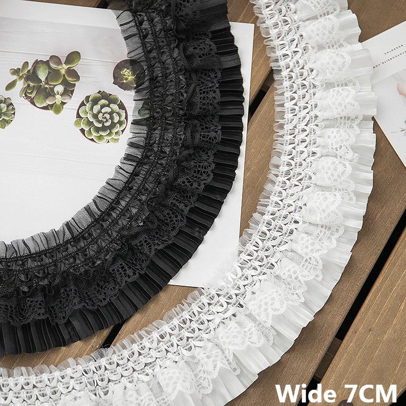 7CM Wide White Black Pleated Chiffon Fabirc Stretch Lace Embroidered Collar Fringe Edge Trim Wedding Dress Curtain Sewing Decor