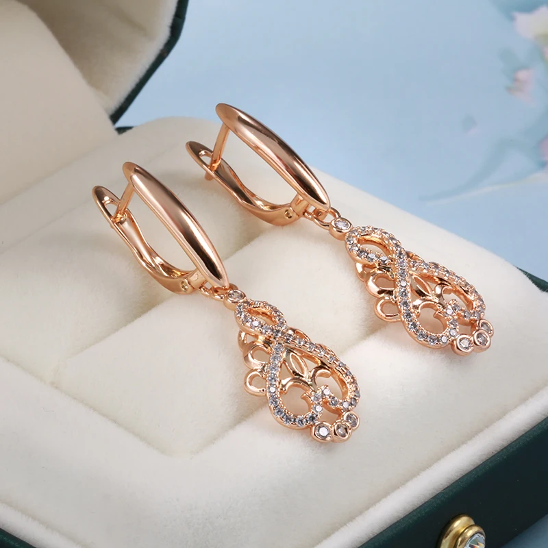 Kinel Hot Trend Crystal Flower Long Dangle Earrings for Women Natural Zircon 585 Rose Gold Color Ethnic Bride Fine Daily Jewelry