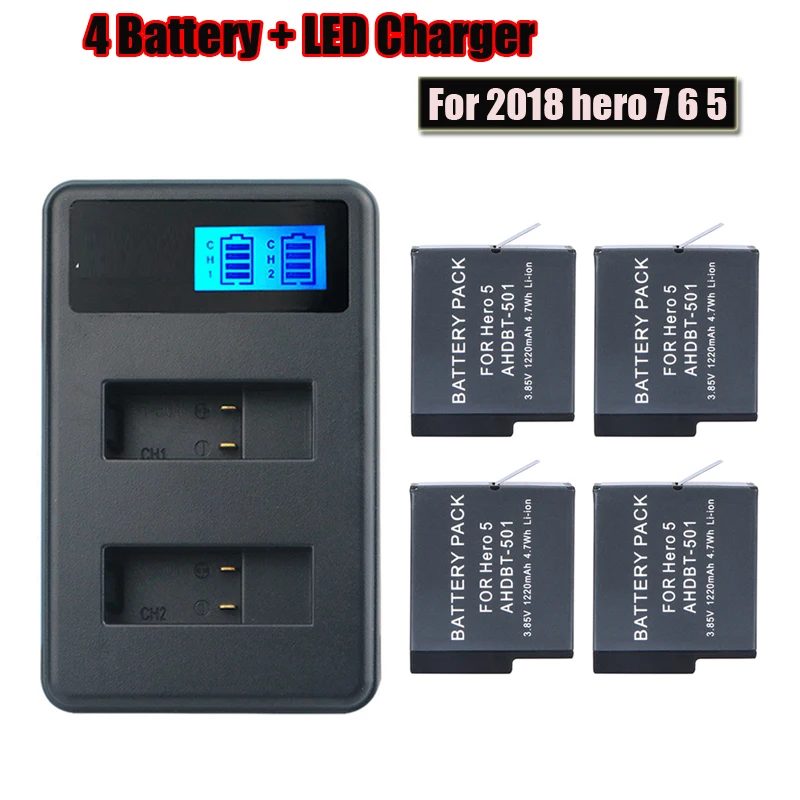 New AHDBT-501 Battery Kits with LCD intelligent Dual Slots Charger for GoPro Hero8 7 6 5 Black Sports Action Camera  Accessories