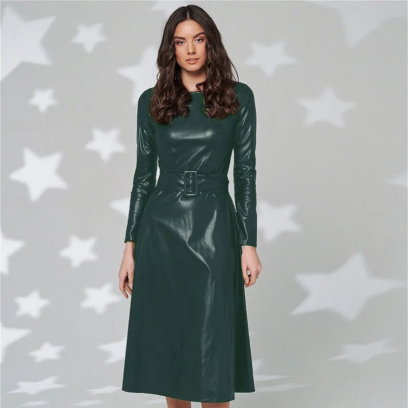 New Fashion Belt Faux Leather Dresses Women Long Sleeve Slim Fit PU Dress Sexy Club Wear New Arrival Autumn Winter