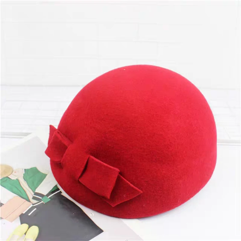 2019 Beret 100%wool Women Wool Elegant Fedora Hat Ladies Bowknot British Solid Wedding Autumn Winter Classic Artist Cap Female