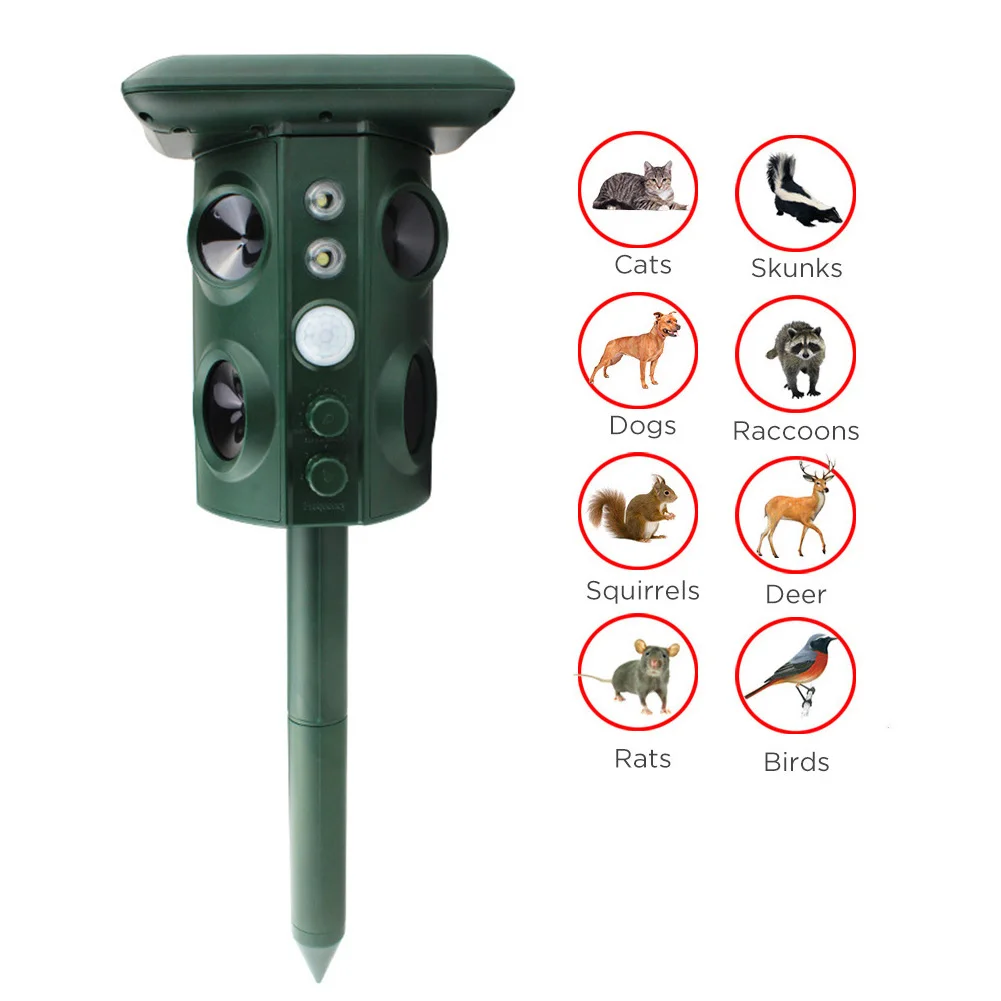 Repelente de animales alimentado por energía Solar, Sensor PIR impermeable para jardín al aire libre, antigato, perro, USB, ultrasónico, alarma Solar