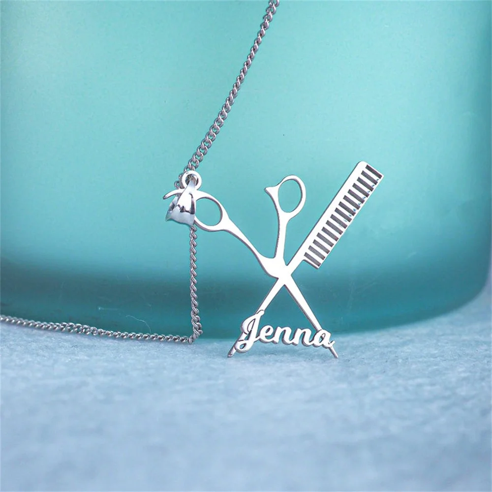 Customized Personalized Name Hairstylist Scissors Comb Pendant Haircut Necklace Fashion Men and Women Hairdresser Straps Men's J