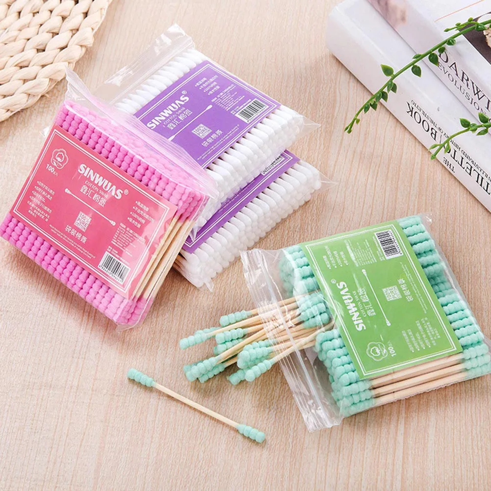 100pcs/ Pack Double Head Cotton Swab Women Makeup Cotton Buds Tip For Medical Wood Sticks Nose Ears Cleaning Health Care Tools