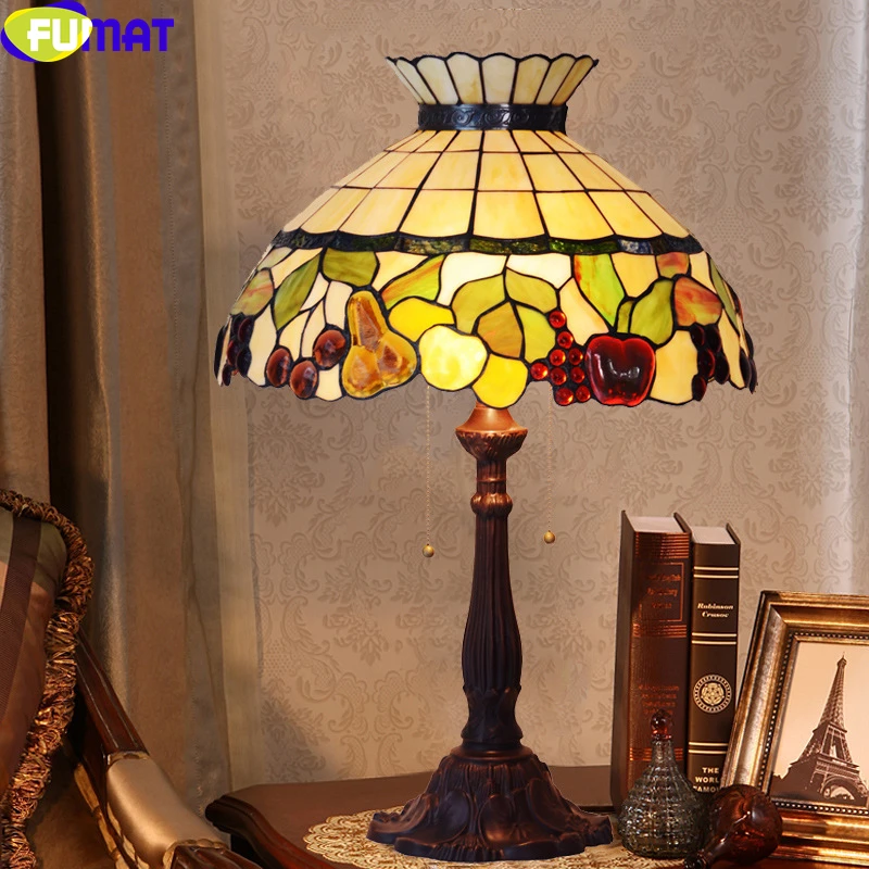 

FUMAT Tiffany Styel Apple Banana Pear Cherry Leaves Stained Glass Table Lamp Fruite Shade Home Decor Art Antique Desk Lights