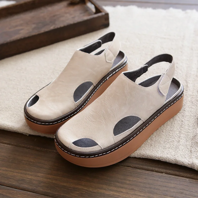 Careaymade-Summer sandals female Mori retro literature art,hand sewn thick soled hollow shoes,original comfortable Roman shoes