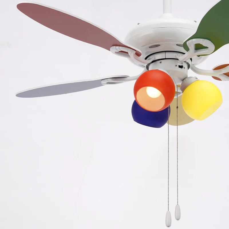 Modern Kids Ceiling Fan with Light 5 Multi-Color Blades Pull Chain Control Colorful Chandelier Fan Lamp for Children Room