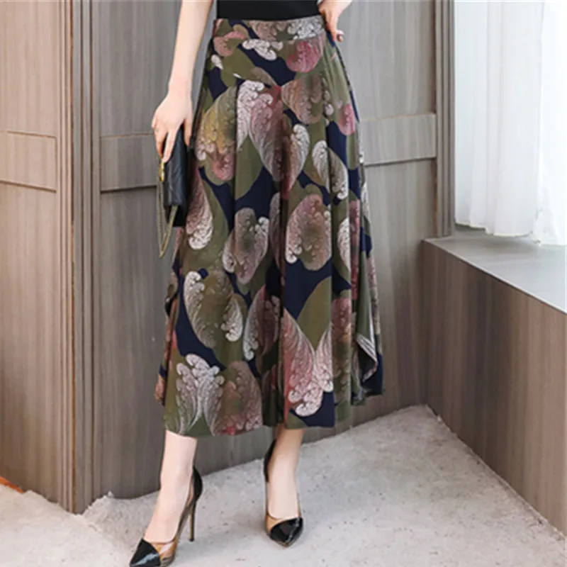 UHYTGF Fashion Summer Skirt Pants Women Elegant Mom High Waist Big Swing A-Line Thin Pants Vintage Printing Casual Trousers 1656