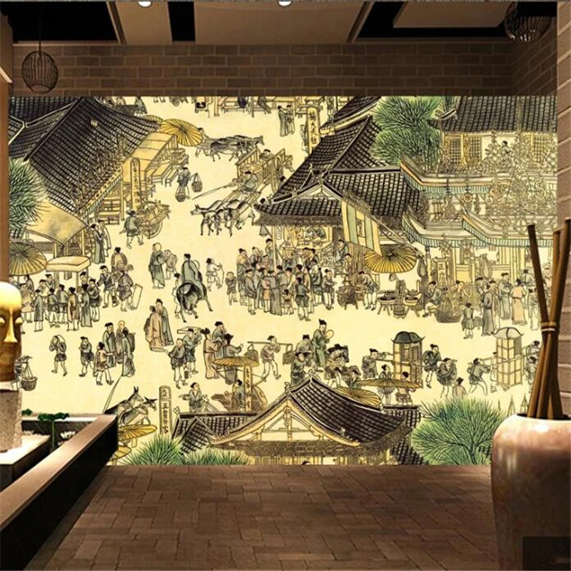 

wellyu Customized large wall painter tooling retro nostalgic Qingming Riverside mural wallpaper Papel de parede