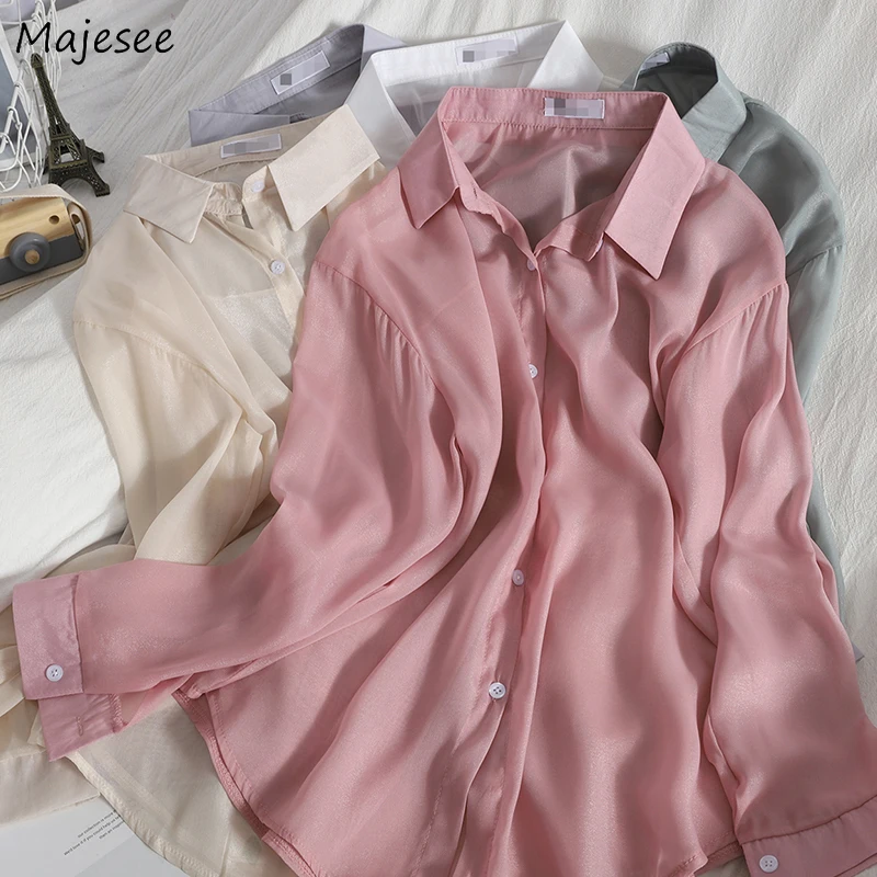 

Shirt Women Solid Color Long Sleeve Lady Clothing Simple Office All-match Sun-proof Thin Turn-down Collar Basic Single Breasted