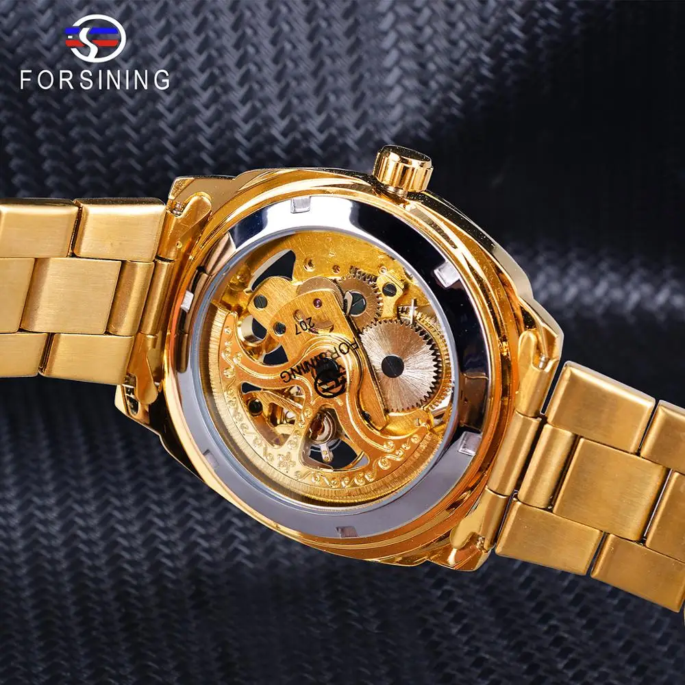 Forsining 2018 Fashion Retro Men\'s Automatic Mechanical Watch Top Brand Luxury Full Golden Design Luminous Hands Skeleton Clock