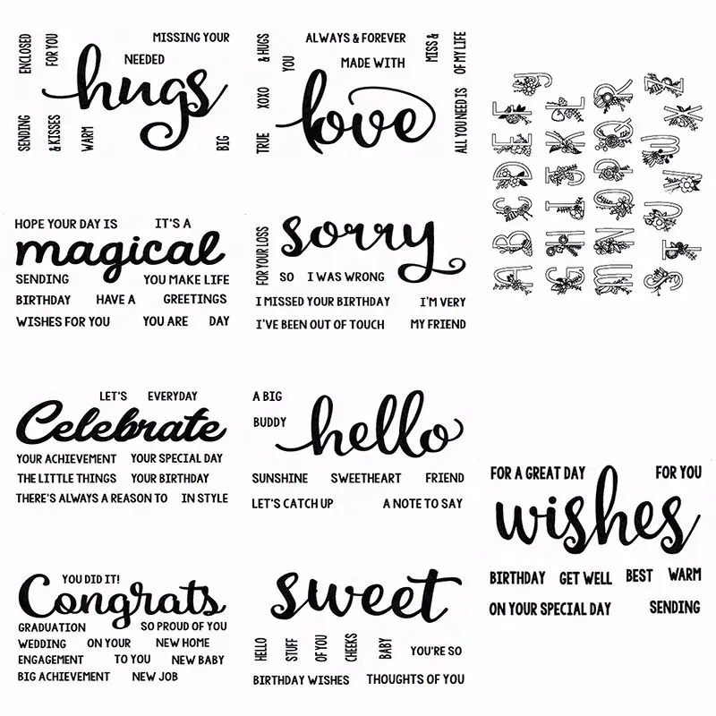 

Bold Font English Words Hello Love Sweet Hugs A-Z Alphabets Clear Transparent Stamp DIY Craft Making Template 3*4/6*6 inch