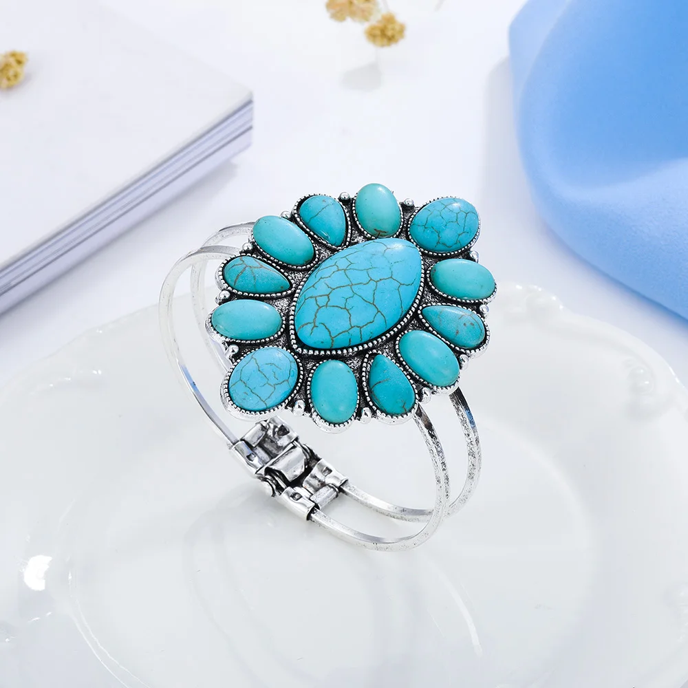 Banny Pink Indian Wedding Geometric Stone Bangle Bracelet For Women Ethnic Metal Spring Bangle Bracelet Retro Handwrist Bangle