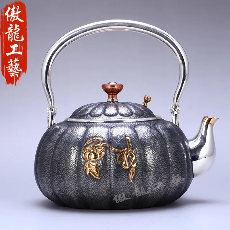 Teapot, kettle, hot water teapot, iron teapot, stainless steel kettle, tea bowl, 1100ml capacity, handmade S999 sterling silver