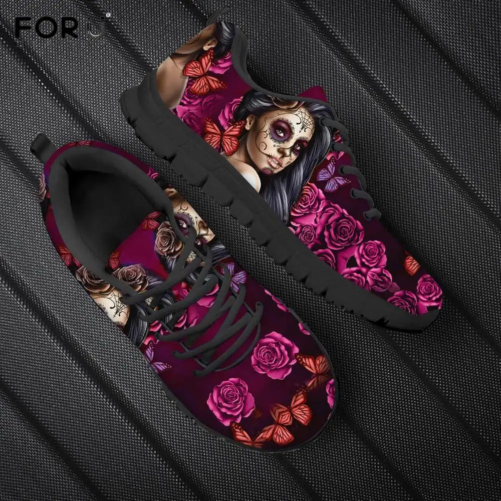 

FORUDESIGNS Day of the Dead Sugar Skull Red Rose Floral Pattern Shoes Women Casual Spring/Autumn Sneakers Brand Designer Shoes