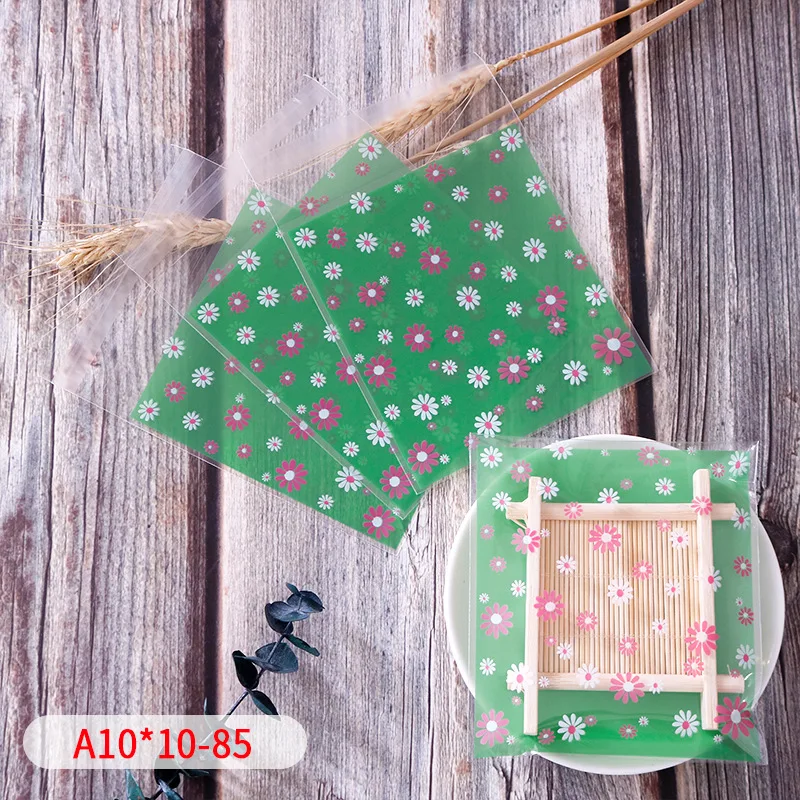 100pcs/lot Pink White Flower Soap Cookie Self-adhesive Bag Green Frosted Button Biscuit Cellophane Baptism Sugar Pack Wrap Bag