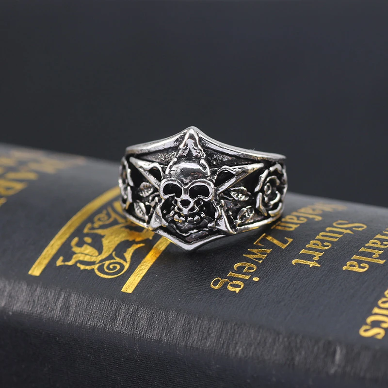 Retro Gothic Skull Ring For Men Boys Male Vintage Engraving Pentagram Rose Flower Metal Punk Rings Cool Jewelry Gifts Anillos