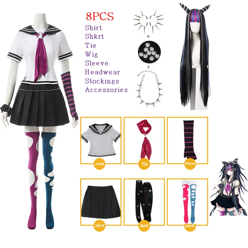 

10pcs Super Dangan Ronpa V2 Ibuki Mioda Cosplay JK Sailor Skirt School Uniform Despair Shirt Long Wig Bracelet Necklace Earrings