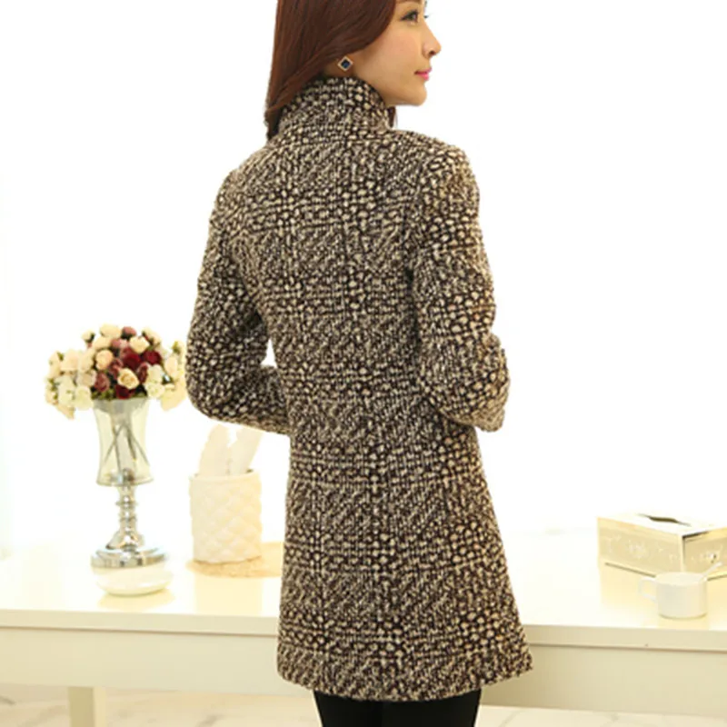 Autumn New Women Wool Blends Coat Winter Tweed Woolen cloth Coat Turtleneck Plaid Slim Long Thick winter Woolen Outerwear Female