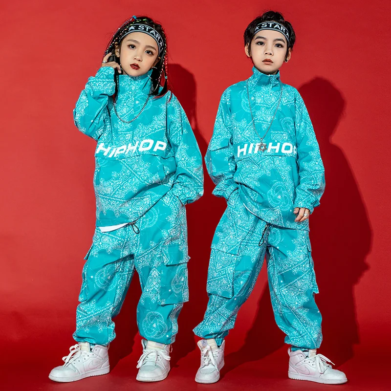 Costume de danse de rue pour garçons, pull ample bleu, pantalon, impression de marée, tenue Hip-Hop, vêtements de spectacle pour filles, vêtements Rave BL7234, 2025
