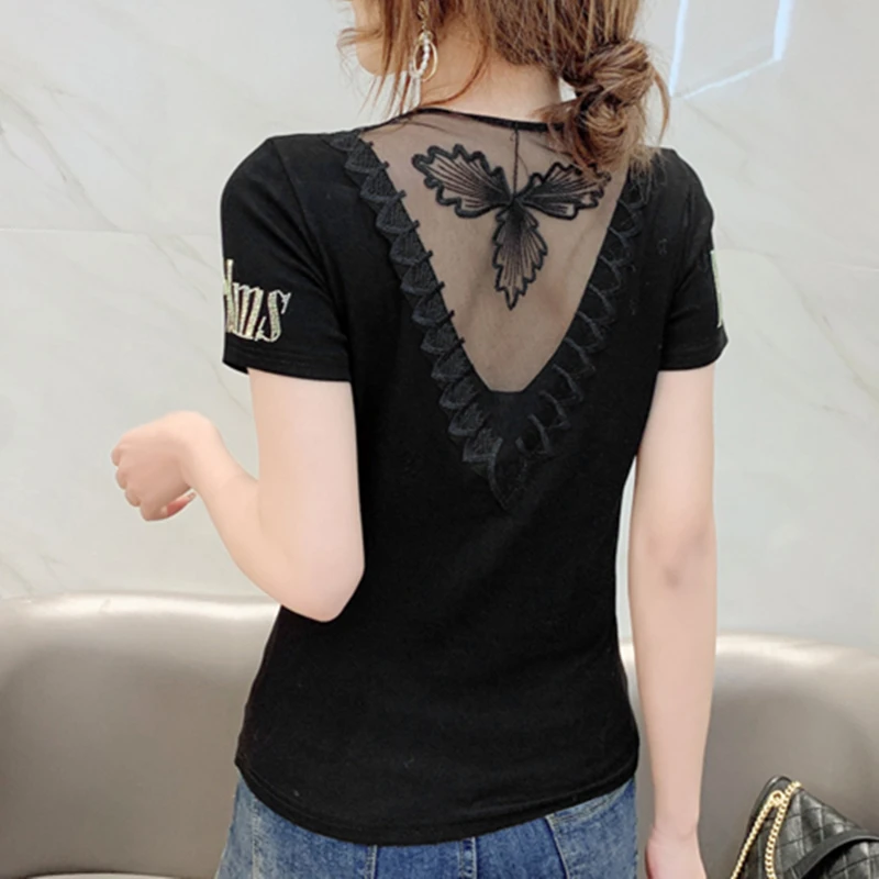 MadBlack Summer Korean Style T-Shirt Fashion Sexy V-Neck Zipper Women Tops Short Sleeve Shiny Diamonds Slim Tees 2022 T12903A