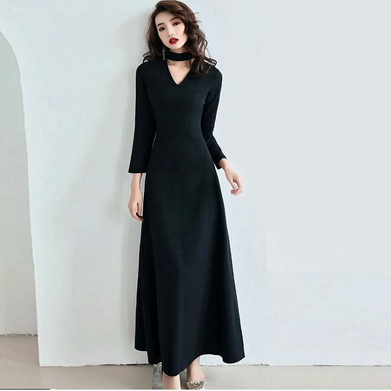 

Black Party Elegant Long Dress Women 2021 Solid Long Sleeve Slim Simple Formal Party Dresses Night Gown Party Dress Vestidos