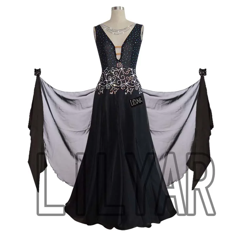 Ballroom Dance Standard Skirt Competition Costumes Performing Dress Customize New Arrival Adult Kids Deep V-neck Bla