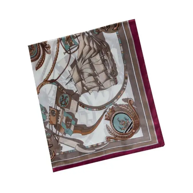 90*90cm Luxury Brand Women Silk Scarf Hand Drawing Sailing Boat Design Square Scarves Spring Summer Shawls For Ladies