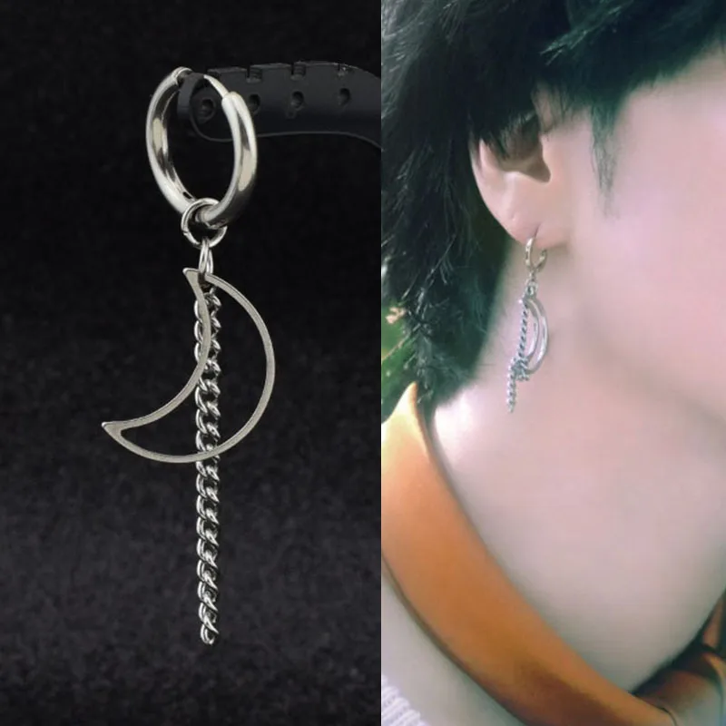 Image 6: KPOP coréen en acier inoxydable boucles d'oreilles femmes hommes lune plume chaîne croix géométrique Punk boucles d'oreilles Hip Hop bijoux unisexe