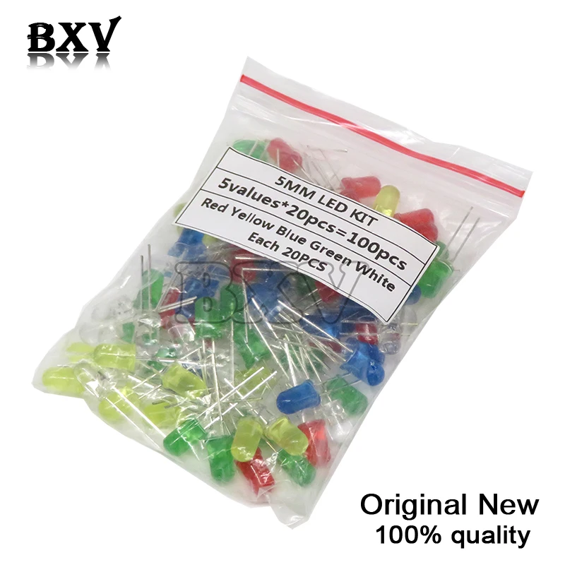 5kind X20Pcs=100pcs White Yellow Red Green Blue Electronic Diy Kit 5mm LED Diode Light Assorted Kit IBUW DIY LED Set