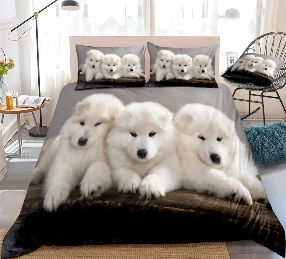 

3D Samoyed Dogs Duvet Cover Set Cute White Samoyed Bedding Kids Boys Girls Animal Home Textiles Cute Pet 3pcs Queen Dropship