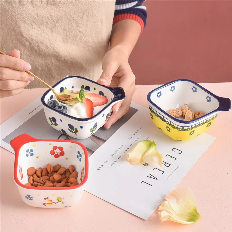 

EECAMAIL Hand-painted Cute Ceramic Square Small Bowl Fruit Salad Bowl Yogurt Cup Dessert Bowl Pudding Bowl Baby Complementary