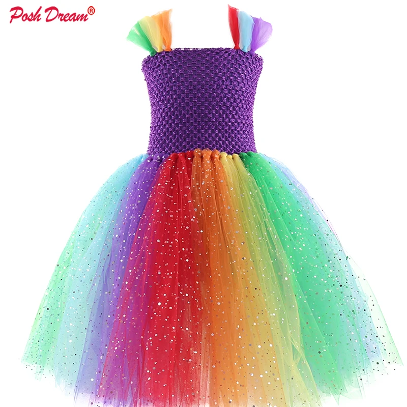 POSH DREAM Bright Rainbow Unicorn Dresses Flower Bright Blue Children Kids Tutu Dresses Handmade Tulle Unicorn Cartoon Costumes