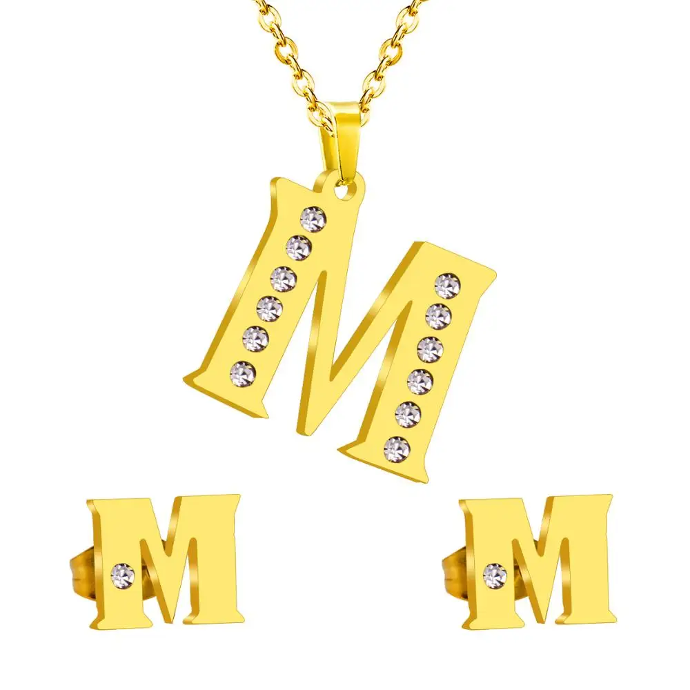 LUXUKISSKIDS Vintage Stainless Steel M Letter Jewelry Set Classic Alphabet with Crystal Golden Pendant Necklace and Earrings