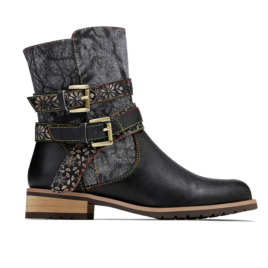 Donna autunno inverno stivaletti in vera pelle cerniera laterale punta tonda tacco quadrato Patchwork Casual stivaletti da donna scarpe di grandi