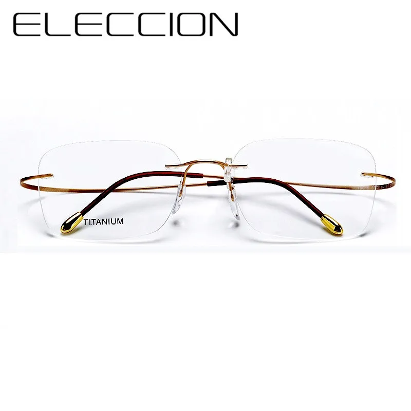 Man\'s Frameless Prescription Glasses with Lenses 100% Pure Titanium Square Frames Super Rlastic Temple Rimless Glasses Men