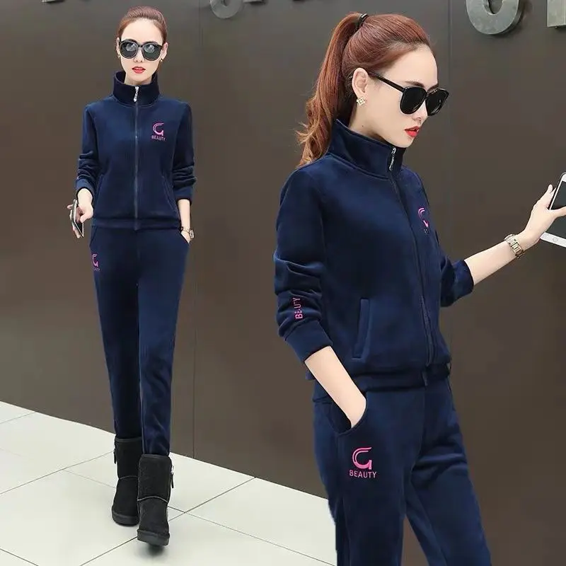 Winter Thickened Embroidered Velvet Tracksuit Women Casual Stand Collar Zipper Jacket + Pant Suit Jogging Velour Two Piece Set