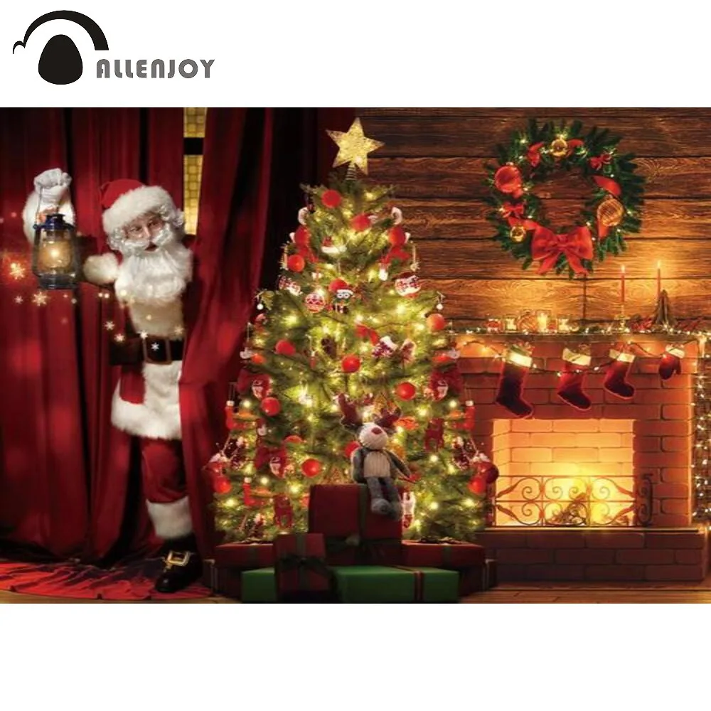 

Allenjoy Merry Christmas Backdrop Santa Claus Winter Christmas Tree Fireplace Party Supplies Banner Photo Studio Background