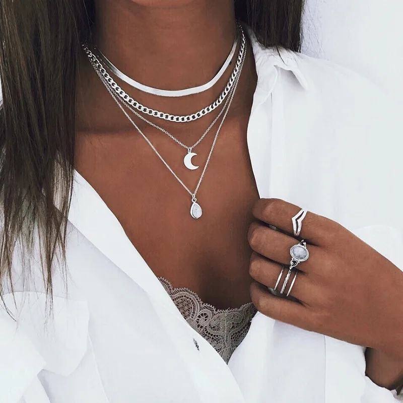 Tenande Vintage Mehrschichtige Party-Schmuckketten mit Blättern, Sternen, Hamsa-Hand und Mond für Damen - Trendige Bijouterie – Detail 13