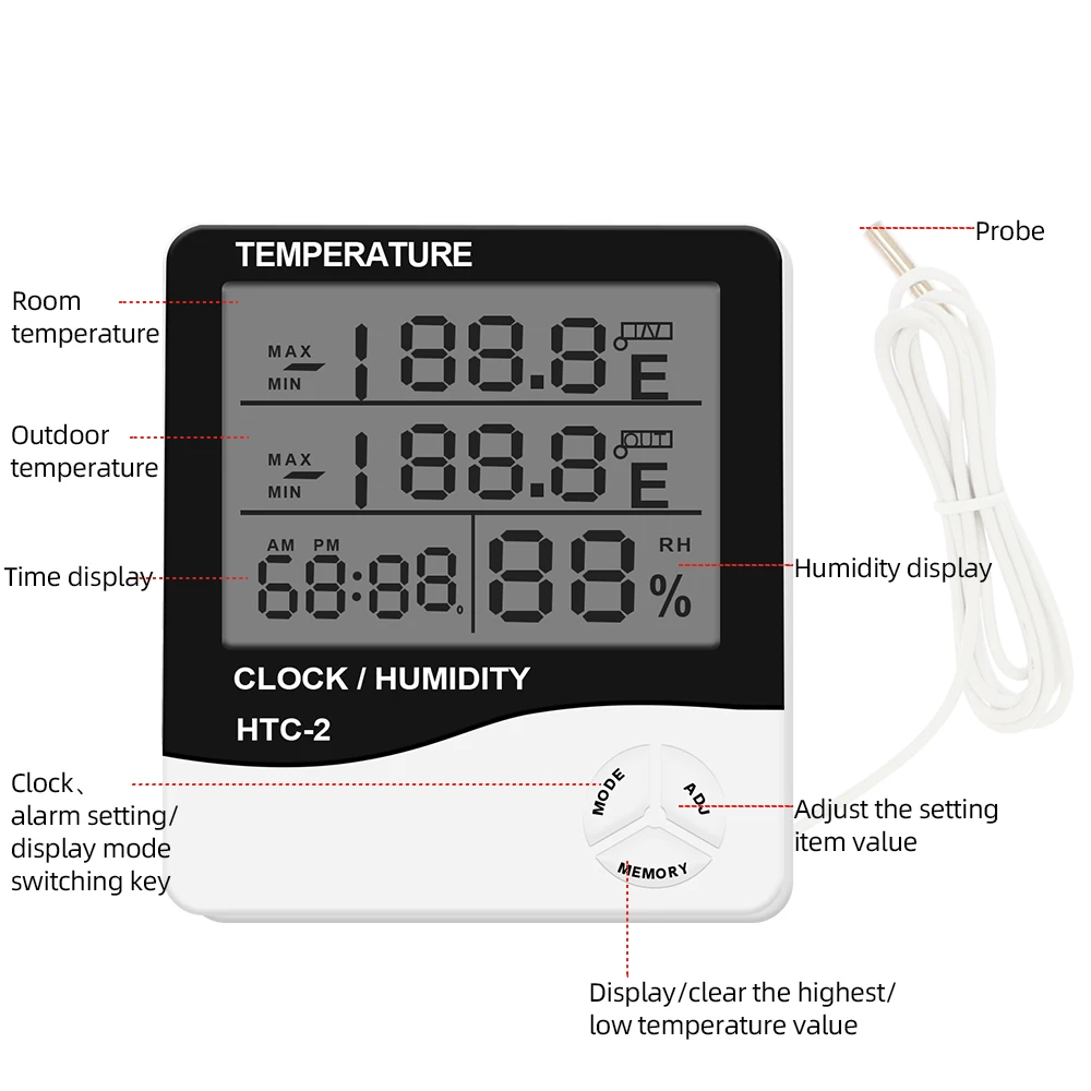 HTC-1 HTC-2 Digital Temperature Humidity Meter Electronic LCD Indoor Outdoor Thermometer Hygrometer Weather Station Clock