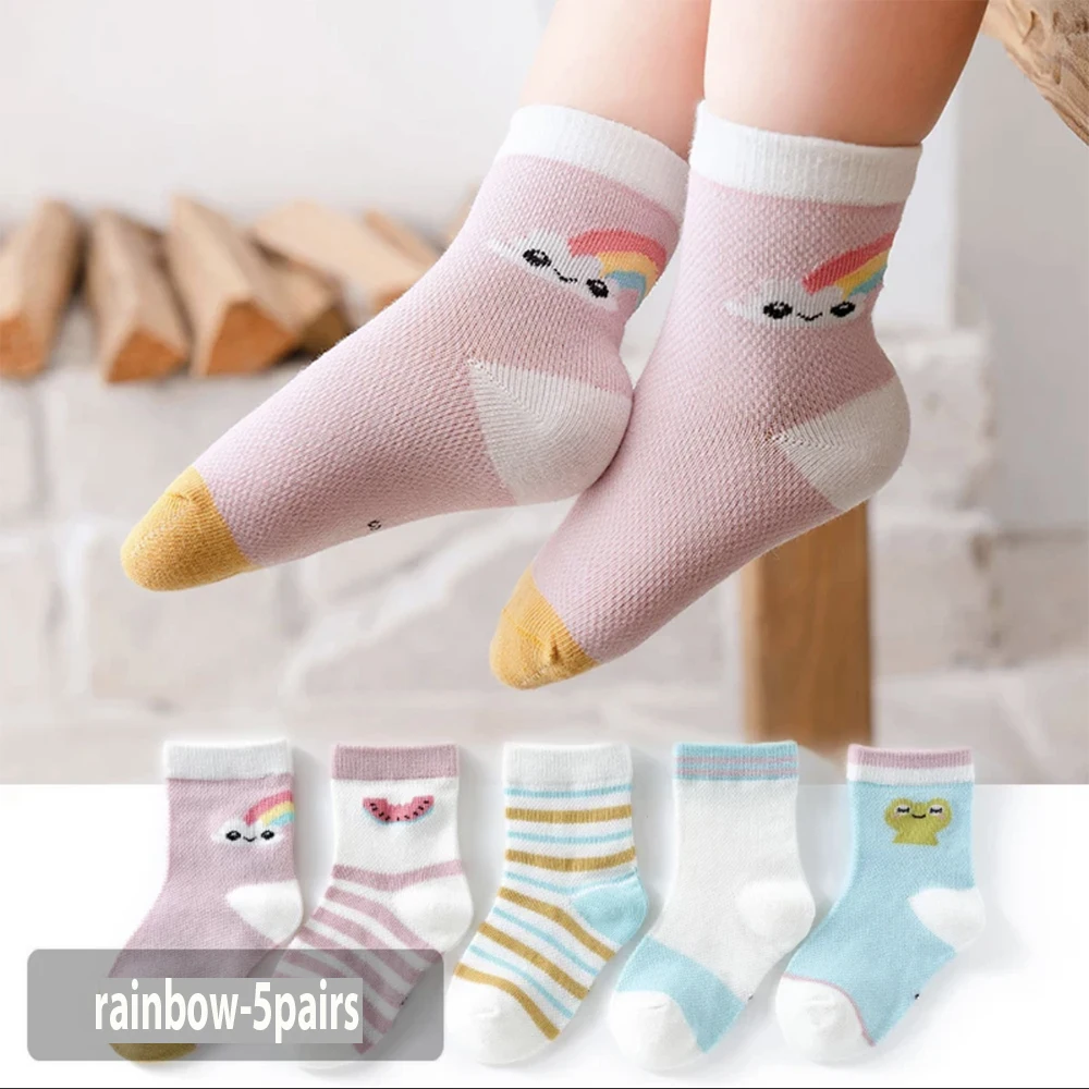 5 pairs/bag children cotton socks boy girl baby infant ultrathin breathable carton mesh sock for 1-12 teens kids