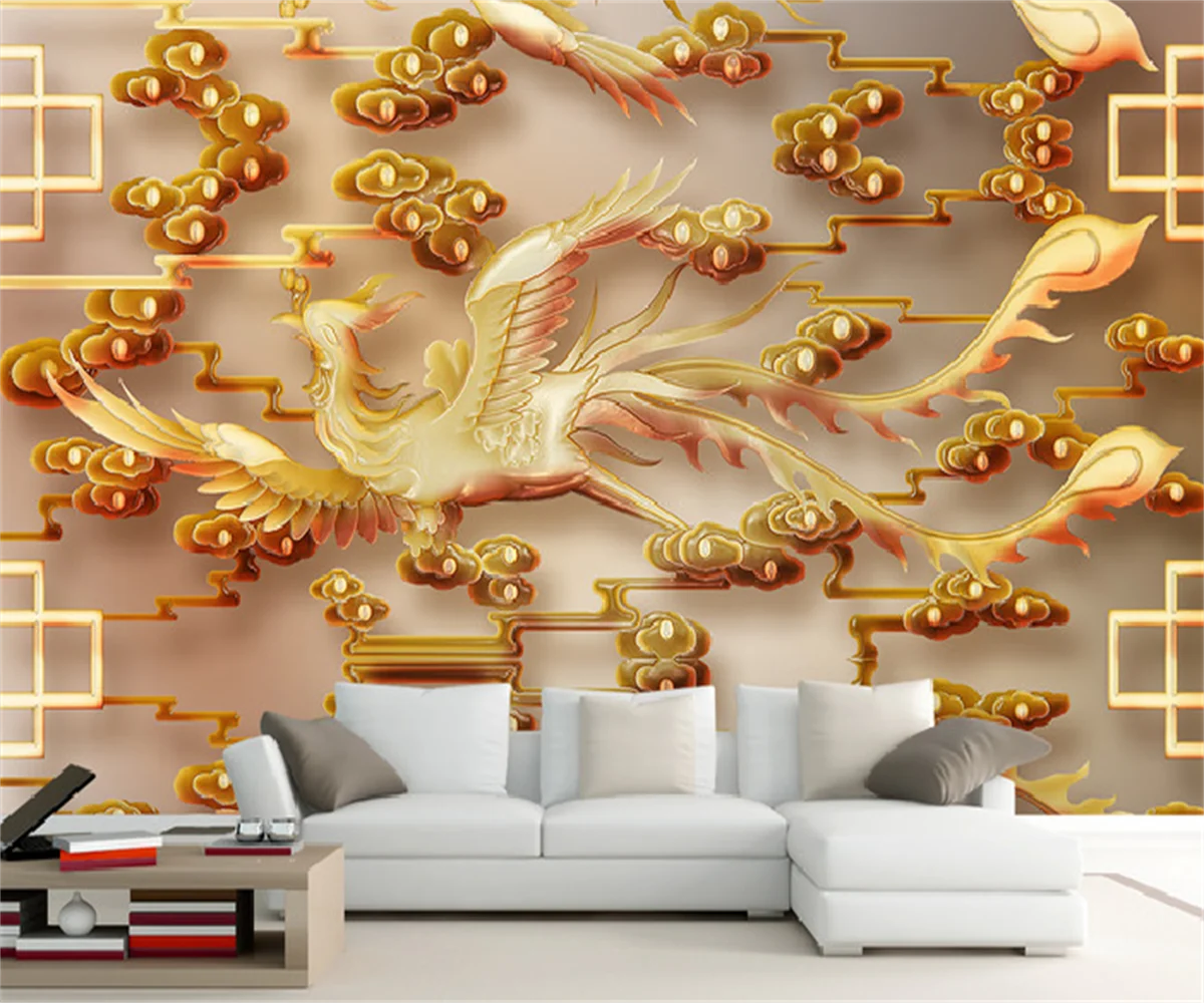 European and American light luxury phoenix auspicious cloud jade relief TV sofa background wall painting hotel wallpaper papier