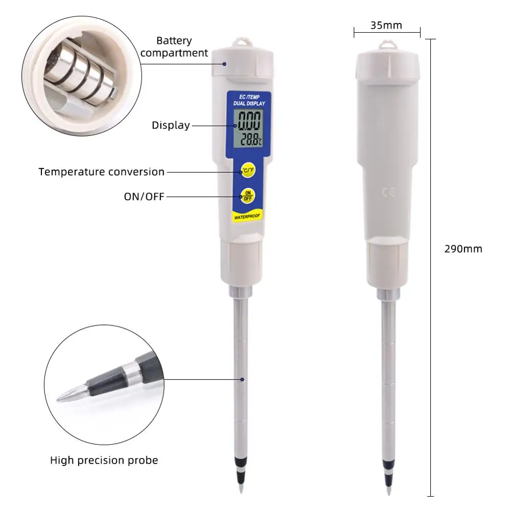 Temperatura impermeável Condutividade Tester, medidor de solo, nutrientes, teste líquido, plantio, jardinagem, hidroponia, interior, 2 em 1