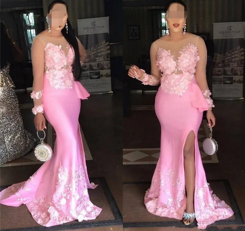 2021 Pink Mermaid Side Split Prom Dresses Sheer Neck Long Sleeves Satin 3D Flowers Evening Gowns Vestidos De Feast