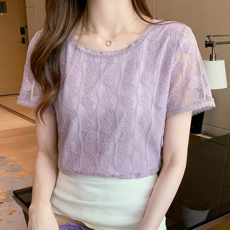 Summer Women Blouse Short Sleeve O-Neck Hollow Lace Blouse Shirt Blouse Women Blusas Mujer De Moda 2024 Blouses Top Femme E953