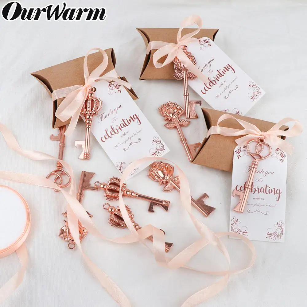 OurWarm 50set Wedding Gifts for Guests Rose Gold Key Zinc Alloy Bottle Opener with Tags Party Favor Communion Gifts Souvenirs