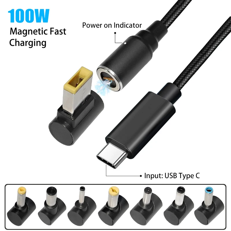 100w universal usb tipo c cabo de carregamento rápido conector magnético cabo usb c portátil adaptador dc jack conversor