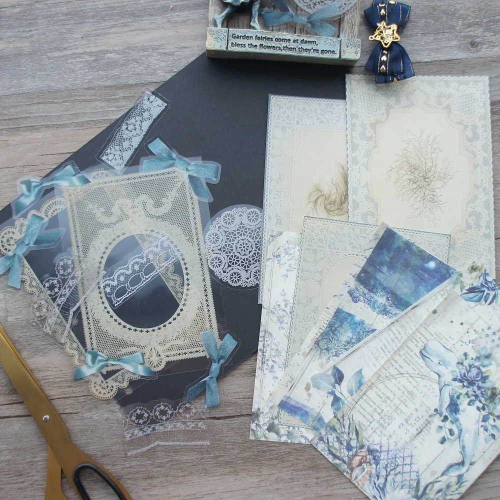 

30pcs PET Sticker Paper Theme Elegant Blue Flower White Lace Frame Design As Scrapbooking Background Decoration Use