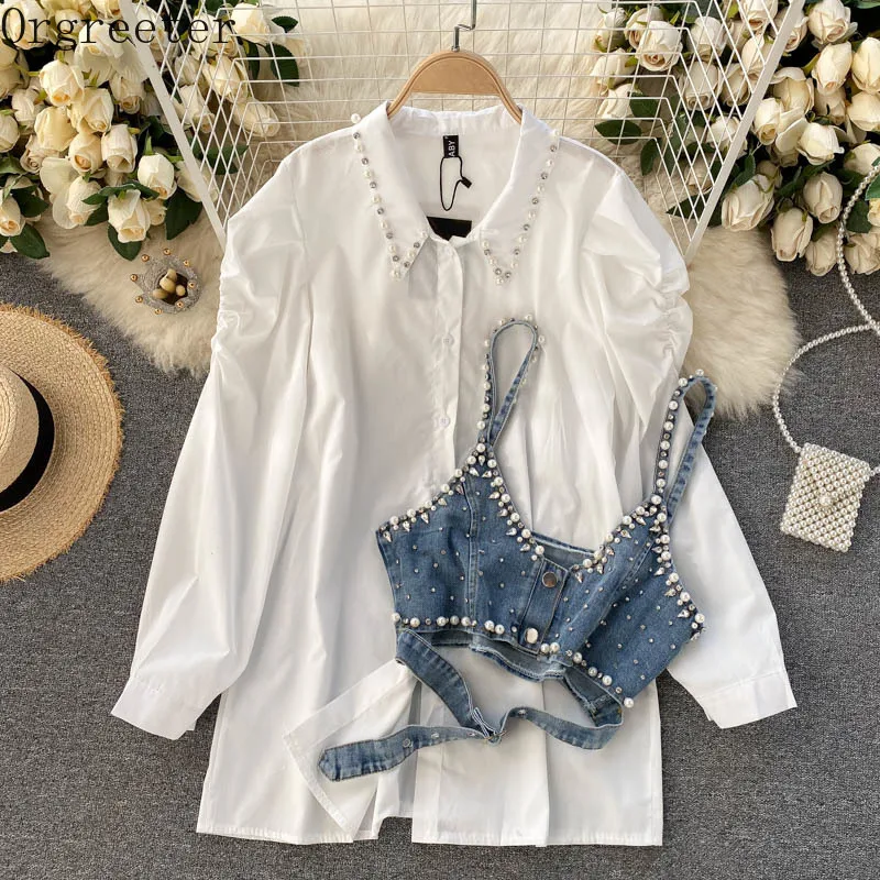 Chic Design Fashion Lapel Beaded Long Sleeve White Shirt Dress+ Diamond-studded Beaded Denim Camis Vest 2 piece Sets Women