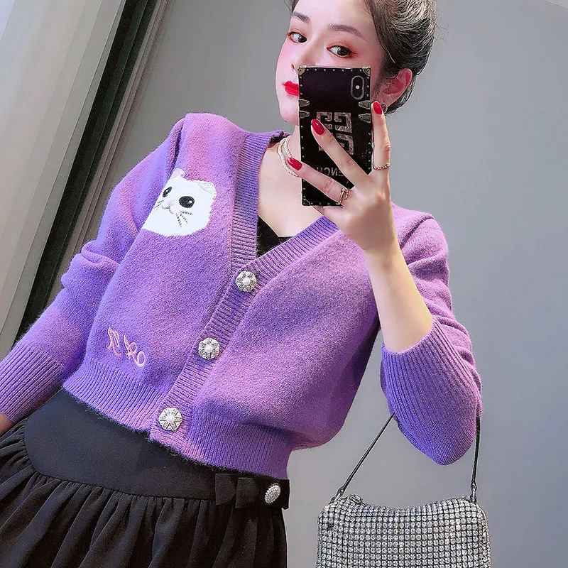 

Cute Purple Cardigan Crop Top Cartoon Cat Knitted Cardigan Women 2021 Fall Winter V-neck Cropped Cardigan Short Fashion Sweater